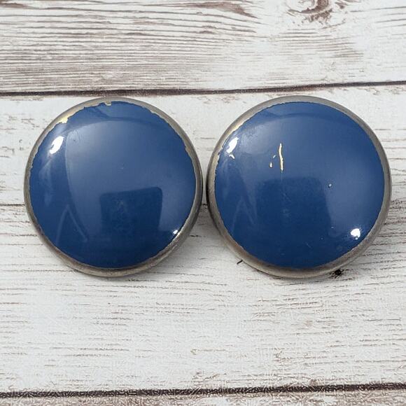 Vintage Clip On Earrings - 1 & 1/8" Blue - Paint Chipping - Picture 1 of 6